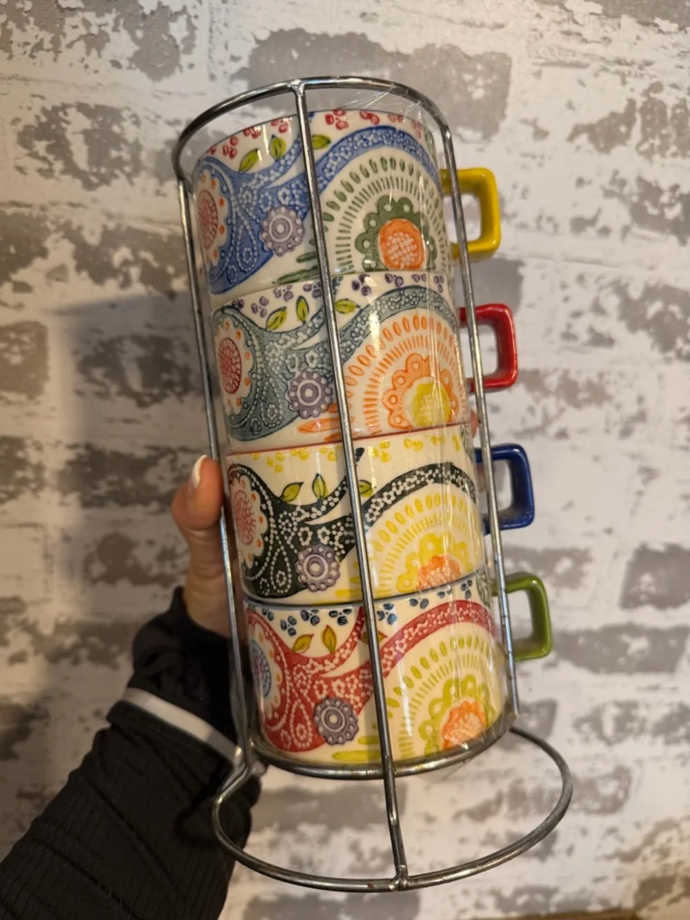 Pier 1 Multicolor Patterned Stackable Espresso Cups with Rack